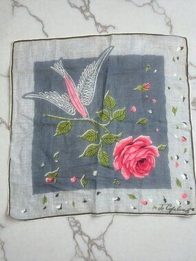 Vintage 50s Jo Copeland Handkerchief Rose Floral Bird 15" Square
